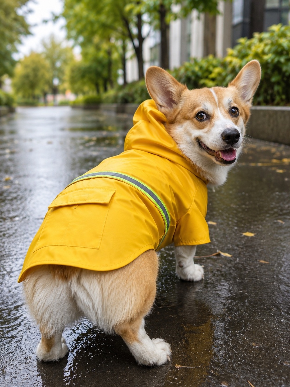 Yellow Dog Raincoat with Reflective Stripes